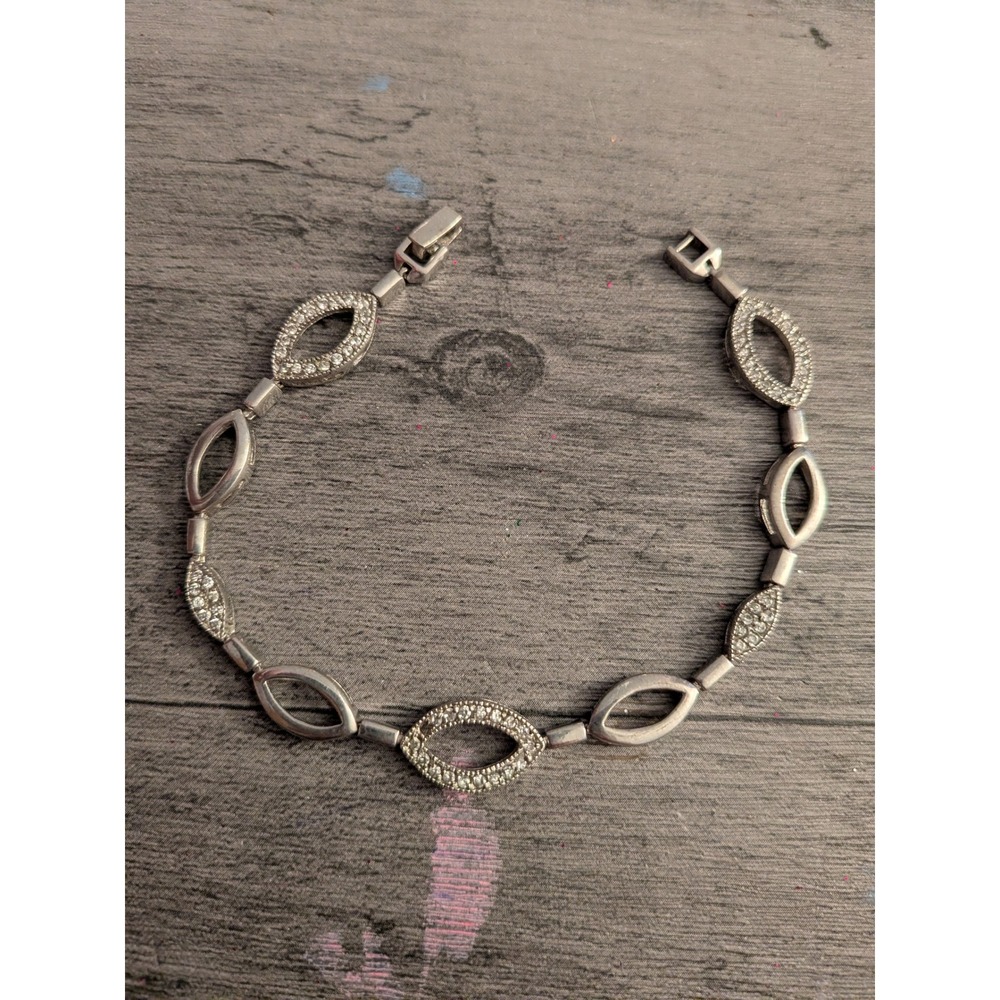 Sterling‎ Silver 925 Marquise Link Bracelet Studded Accents 7 Inch